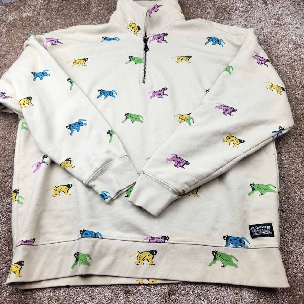 Levi Strauss & Co Mens Large Quarter Zip Sweatshirt Cream Monkey Print Pullover
